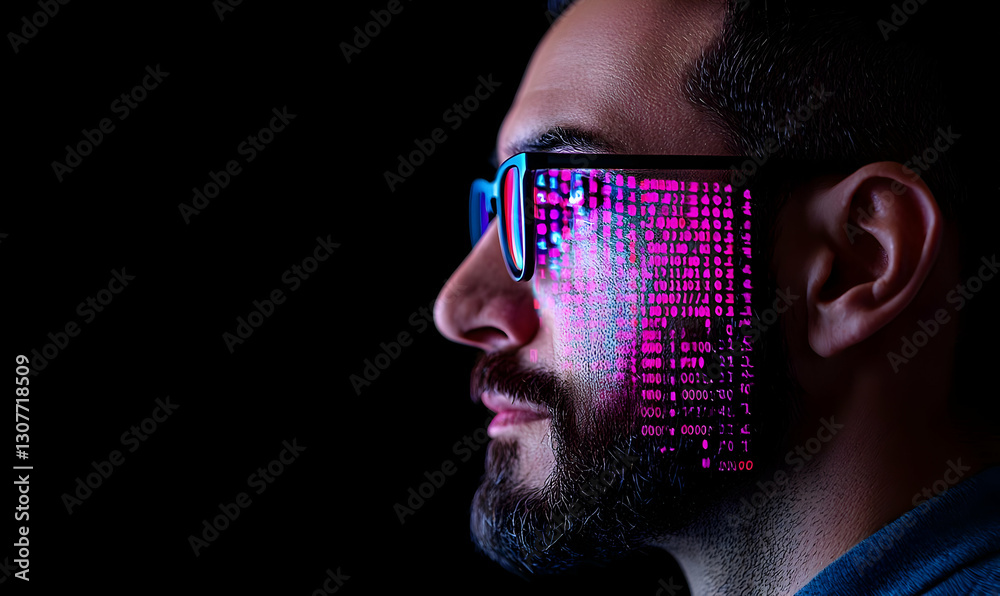 Poster Man in Glasses with Digital Binary Code Reflection on Face