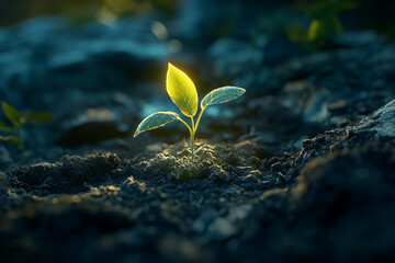 A young agriculture plant seedling emerges from rich soil, symbolizing growth and new beginnings, bathed in warm sunlight. Sustainability and nature concept.

