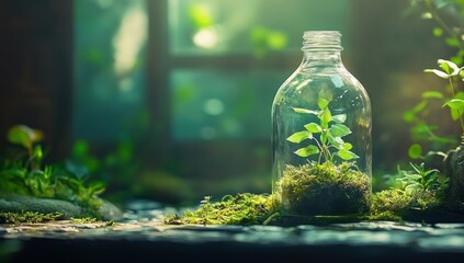 Tiny plant in a glass bottle, surrounded by moss and greenery.