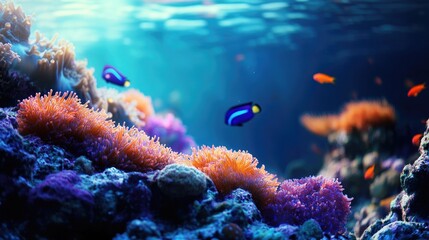 Vibrant coral reef underwater scene with colorful fish swimming among coral