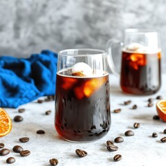 Refreshing iced coffee served with orange slices and coffee beans.