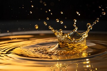 High-speed close-up of a golden liquid splash with droplets in motion
