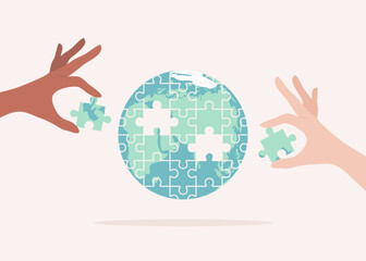 Hands of people of different nationalities and skin tones putting together missing puzzle pieces in the Earth globe. Flat vector illustration