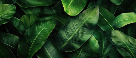 Vibrant green tropical banana leaves textured background