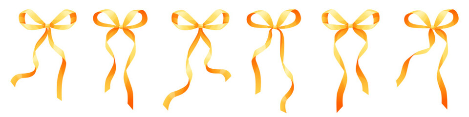 Set of yellow wavy hair ribbons, gold bow for clothes, vintage bow sets for girls. Isolated ribbons. Attributes, decoration of parties, holidays, bow for gift wrapping, box.