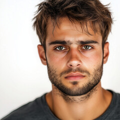Obraz premium A young man with a somber expression and slightly lowered gaze. Expressing sadness and melancholy