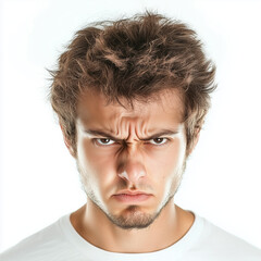 A young man with a tense jaw and furrowed eyebrows. Expressing anger and frustration