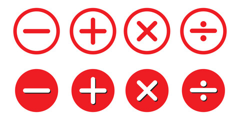 Plus, minus icon set. Calculator, math icon. Plus, minus, multiply, equal and divide sign. EPS 10