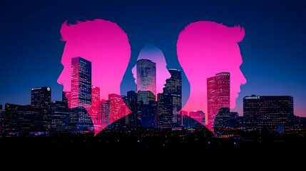 Fototapeta premium Dual Silhouette Overlay with Cityscape at Dusk in Vibrant Colors