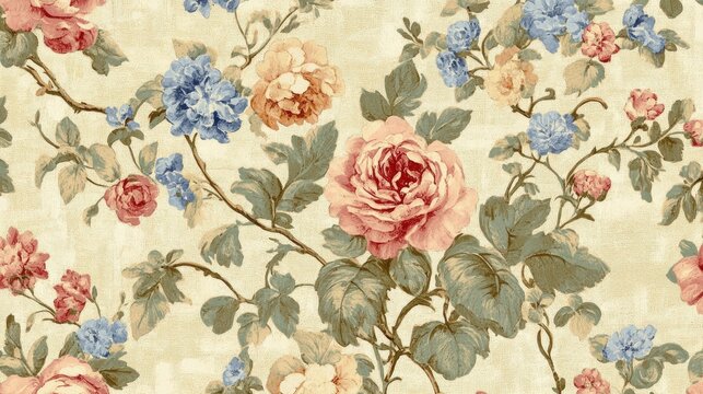 Fototapeta Vintage floral wallpaper with pink, orange, and blue roses on beige background