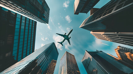 modern office building with blue sky and an airplane
