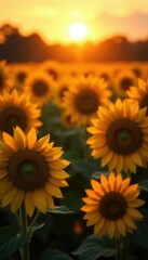 Obraz premium Warm golden light on a field of sunflowers with deep red undertones, sunflowers, warm tones, golden light