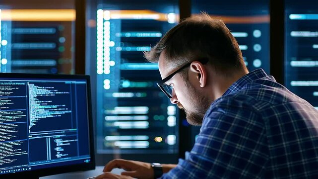 A skilled programmer works on code amidst the glow of a cutting-edge server room.