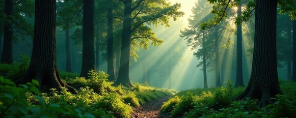 Obraz premium A dense forest with towering trees and underbrush, undergrowth, wilderness