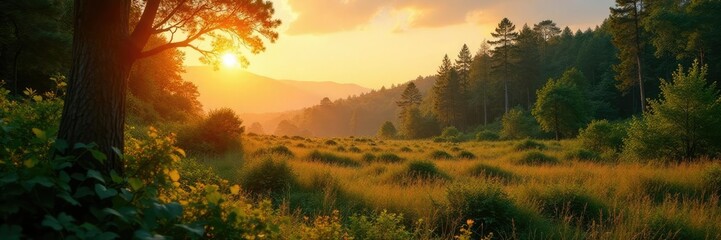 Naklejka premium Dense thicket of bushes and trees under a warm sunny sky, bushes, landscape, woods