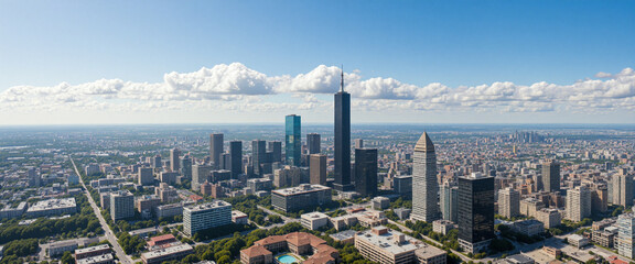 Fototapeta premium Aerial view of Chicago skyline against blue sky