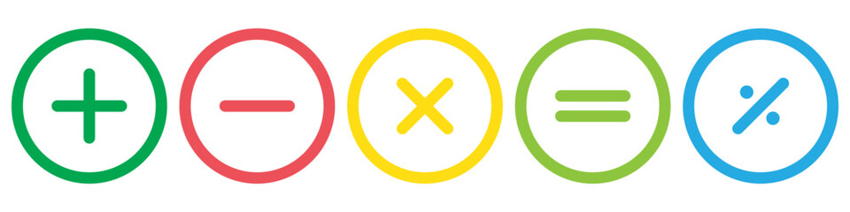Plus, minus, multiply, divide and equal sign icon design set. Calculation and Mathematical sign symbol icon. Addition, subtraction, multiplication, division, equal sign, icon symbol.