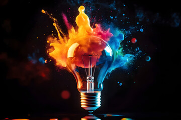 Creative light bulb explodes with colorful paint and colors. New idea, brainstorming concept