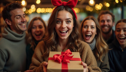 Smiling woman with the gift among joyful crowd. AI image