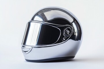 Chrome motorcycle helmet with visor, reflecting light, sleek and modern design.