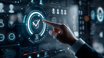 businessman hand pushing button on a touch screen interface