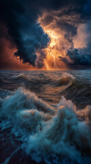 Fototapeta premium Dramatic ocean storm with powerful waves crashing under dark thunderclouds and lightning.