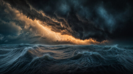 Obraz premium Dramatic ocean storm with powerful waves crashing under dark thunderclouds and lightning.