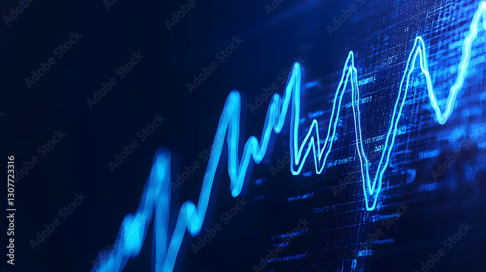 Poster abstract digital data visualization with blue line graph in focus