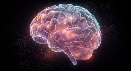 Fototapeta premium Human Brain Neural Network - Glowing human brain, intricate neural pathways, sparks of energy, dark background. Represents intelligence, consciousness, and cognition