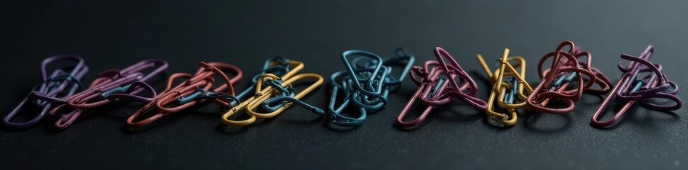 Chain of paper clips forming a spiral on black surface, paper clips chain, spiral