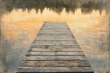 Obraz premium Wooden dock extending over calm lake water reflecting trees at sunset.