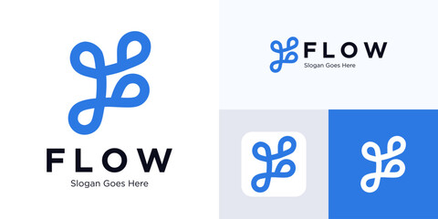 F logo design vector template, Initial letter F combination with shape monoline style monogram, Simple modern with flowing lines, Letter F fluid flow connection technology vector design for identity.