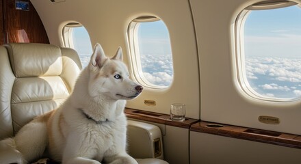 Husky Dog on Private Jet - A fluffy white husky dog sits in a luxurious private jet seat, gazing out the window at the clouds