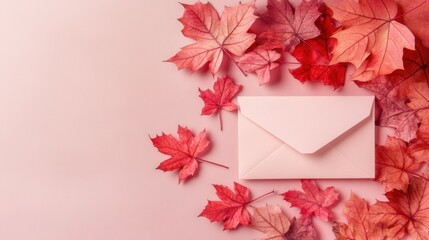 Obraz premium Autumn composition made of dried red maple leaf and envelope on pastel background. Fall and thanksgiving day concept. Top view. Flat lay