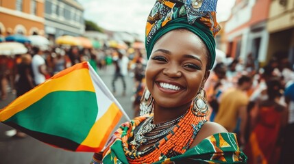 Vibrant South African woman proudly showcasing her culture in a lively street parade
