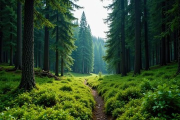 Fototapeta premium Dense forest with towering spruce trees and a carpet of moss, evergreen, alaskan valley, coniferous