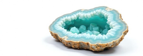 Geode with aquamarine crystals on white background, geodes, crystals formation, geological crystals
