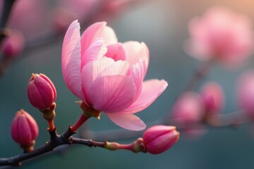Fototapeta premium Soft pink petals unfolding from delicate branches, nature landscape, gentle hues