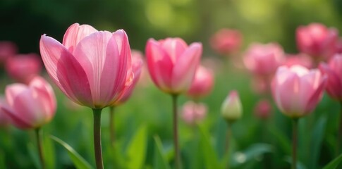 Fototapeta premium Soft pink petals unfolding on lush green stems, flower garden, botanical