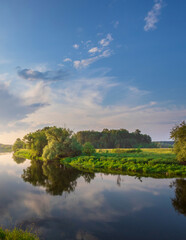 Calm river with a green forest on the other side