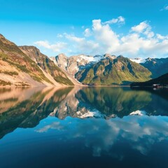 A serene lake reflects the majestic mountain range, lakes, tranquility