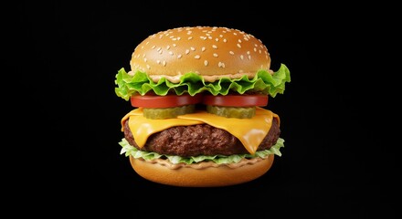 Juicy Cheeseburger on Black Background - A delicious cheeseburger with lettuce, tomato, pickles, and melted cheese, on a black background. Perfect for food blogs, menus, or advertising