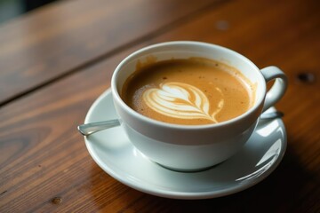Warm brown liquid in a ceramic cup on a wooden table, desk, beverage