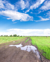 Dirt road with a few puddles of water on it