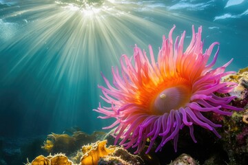 Obraz premium Vibrant underwater scene showcasing a radiant sea anemone bathed in sunbeams, a captivating spectacle of nature's artistry.