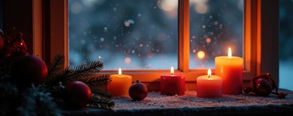 Warm candlelight flickers on a frosty windowsill, festive, candle