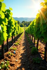 Fototapeta premium rows of vines with sunlight filtering through leaves, sunlight, vineyard life, countryside