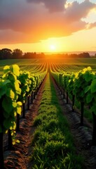 Naklejka premium Rows of vineyards stretching towards the east as morning sunlight peeks over the horizon, serene, sunrise