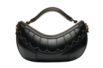 Stylish black handbag featuring unique curved design and intricate stitching for modern fashion statements