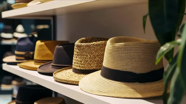 Stylish hats displayed on a shelf in a store.